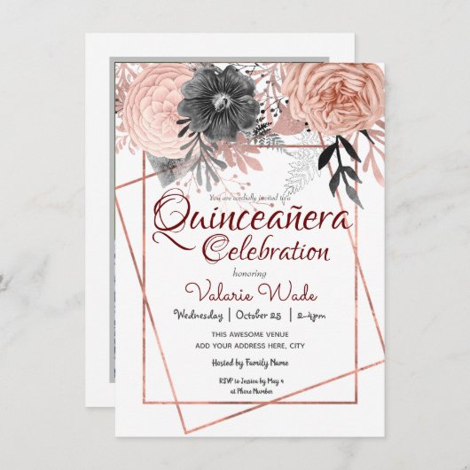 Quinceañera Celebration Roze Floral Kaart (Voorkant / Achterkant)