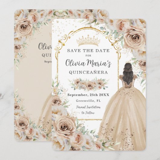 Quinceañera Champagne Beige Crème Bloemen Prinses Save The Date (Voorkant / Achterkant)