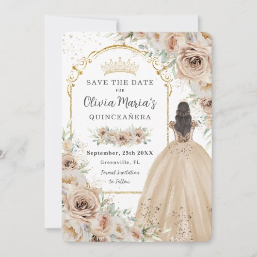 Quinceañera Champagne Beige Crème Bloemen Prinses Save The Date (Voorkant)