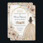 Quinceañera Champagne Beige Crème Bloemen Prinses Save The Date<br><div class="desc">Personaliseer deze elegante champagnebloem Quinceañera / Sweet 16 verjaardag om de datum gemakkelijk en snel op te slaan. Klik op de knop verder aanpassen om de teksten te bewerken, lettertypen en lettertypekleuren te wijzigen. Met prachtige waterverf champagnebloemen, een meisje gekleed in een mooie champagnebaljurk en een gouden prinsessenkroon. Perfect voor...</div>
