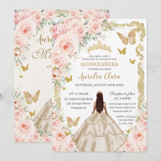 Quinceañera Champagne  Goud Blush Bloemen Kaart (Voorkant / Achterkant)