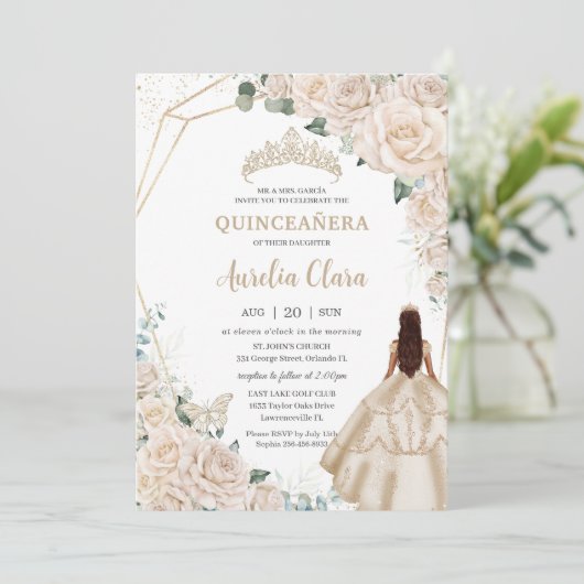 Quinceanera Champagne Ivoor Bloemen Jurk Prinses Kaart (Staand voorkant)