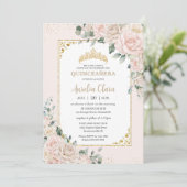 Quinceañera Champagne Ivoor Blush Bloemen Goud Kaart (Staand voorkant)