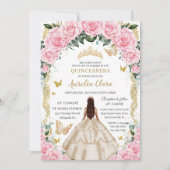 Quinceañera Champagne Roze Bloemen Goud Kaart (Voorkant)