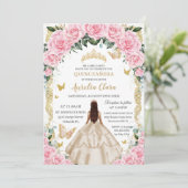 Quinceañera Champagne Roze Bloemen Goud Kaart (Staand voorkant)
