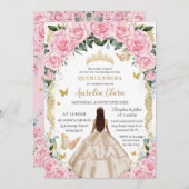 Quinceañera Champagne Roze Bloemen Goud Kaart (Voorkant / Achterkant)