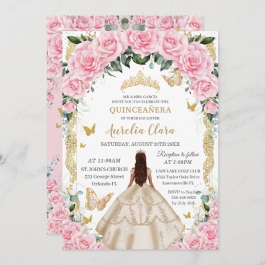 Quinceañera Champagne Roze Bloemen Goud Kaart (Voorkant / Achterkant)