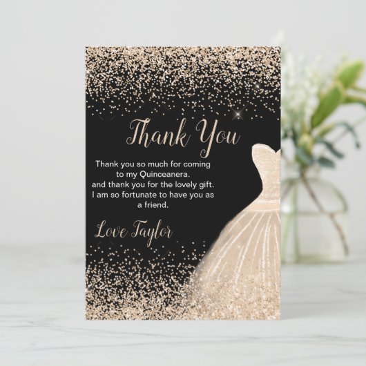 Quinceanera Champagne White Dress Faux Glitter Bedankkaart (Staand voorkant)