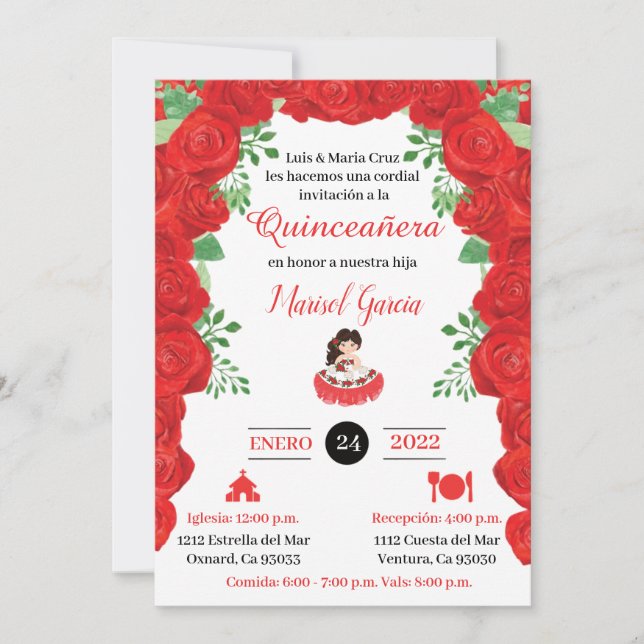 Quinceanera Charra Invitations, Red Roses charra (Voorkant)