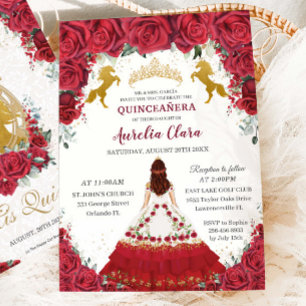 Quinceañera Charro Red Floral Princess Gold Horses Kaart