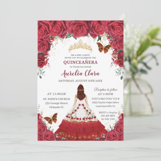 Quinceañera Charro Red Floral Princess Hoefijzer Kaart (Staand voorkant)