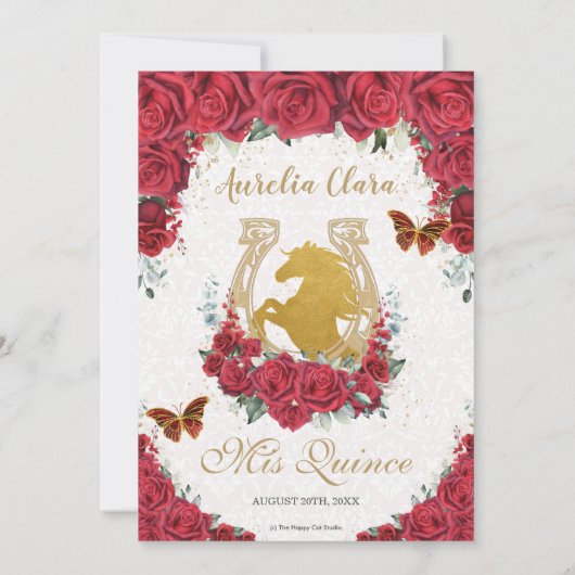 Quinceañera Charro Red Floral Princess Hoefijzer Kaart (Achterkant)