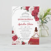 Quinceañera Charro Red White Roses Floral Silver Kaart (Staand voorkant)