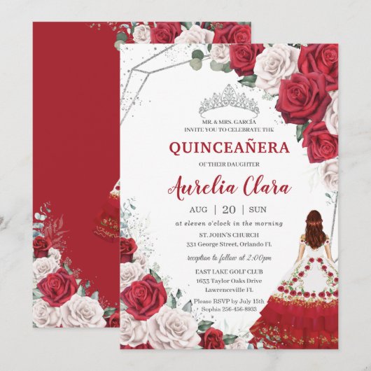 Quinceañera Charro Red White Roses Floral Silver Kaart (Voorkant / Achterkant)