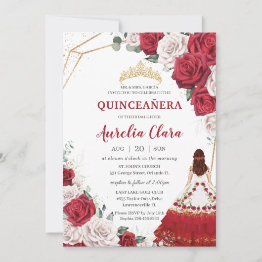 Quinceañera Charro Rood Wit Rozen Bloemen Goud Kaart (Voorkant)