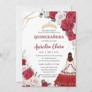 Quinceañera Charro Rood Wit Rozen Bloemen Goud Kaart