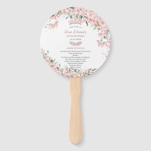 Quinceañera Cherry Blossoms Roos Gold Programma Handwaaier (Voorkant)