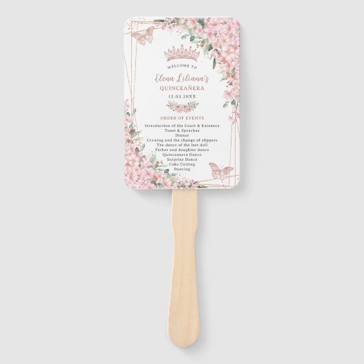 Quinceañera Cherry Blossoms Roos Gold Programma Handwaaier (Voorkant)