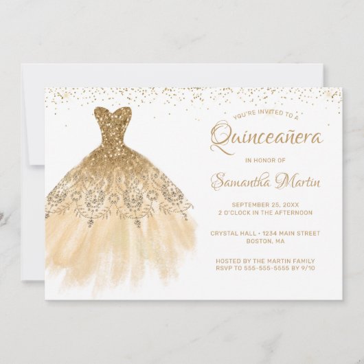 Quinceanera Chic Gouden Jurk Glitter Wit Feest In Kaart (Voorkant)