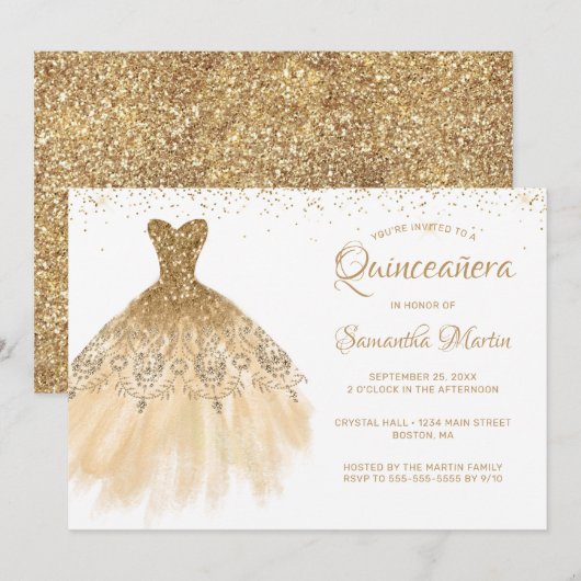 Quinceanera Chic Gouden Jurk Glitter Wit Feest In Kaart (Voorkant / Achterkant)