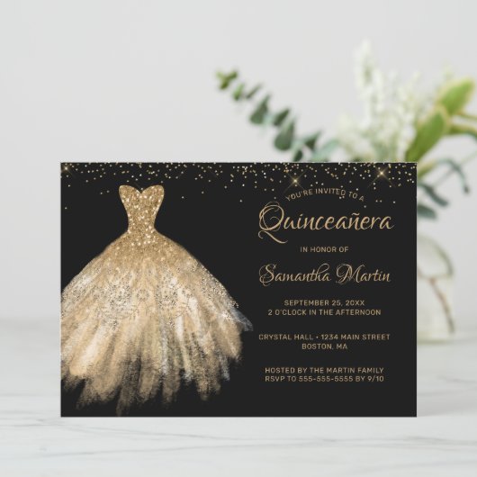 Quinceañera Chic Gouden Jurk op Black Party Invita Kaart (Staand voorkant)