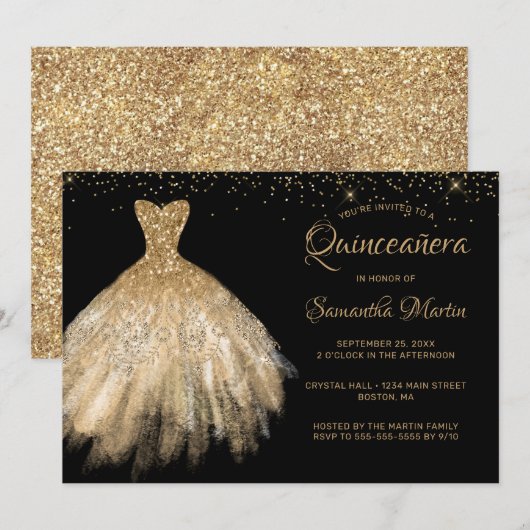 Quinceañera Chic Gouden Jurk op Black Party Invita Kaart (Voorkant / Achterkant)