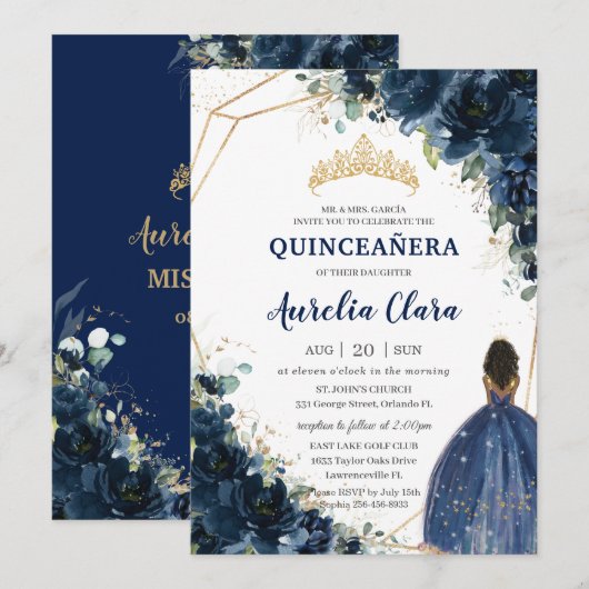 Quinceañera Chic Navy Blauw Bloemen Bruin Prinses Kaart (Voorkant / Achterkant)
