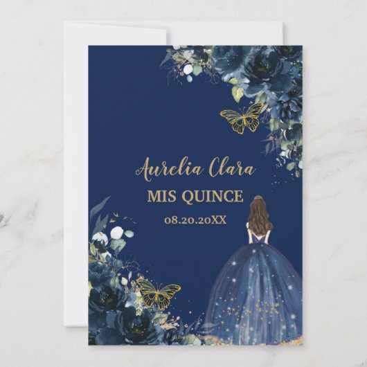 Quinceañera Chic Navy Blue Floral Princess Crown Kaart (Achterkant)