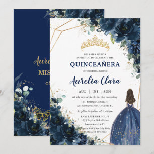Quinceañera Chic Navy Blue Floral Princess Crown Kaart