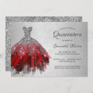 Quinceanera Chic Red Silver Dress Glitter Kaart
