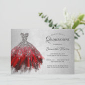 Quinceanera Chic Red Silver Dress Shiny Party Invi Kaart (Staand voorkant)