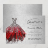 Quinceanera Chic Red Silver Dress Shiny Party Invi Kaart (Voorkant / Achterkant)