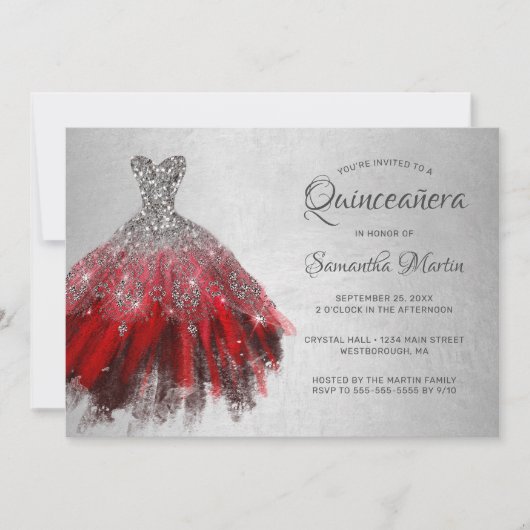 Quinceanera Chic Rood Zilveren Jurk Glitter Party Kaart (Voorkant)