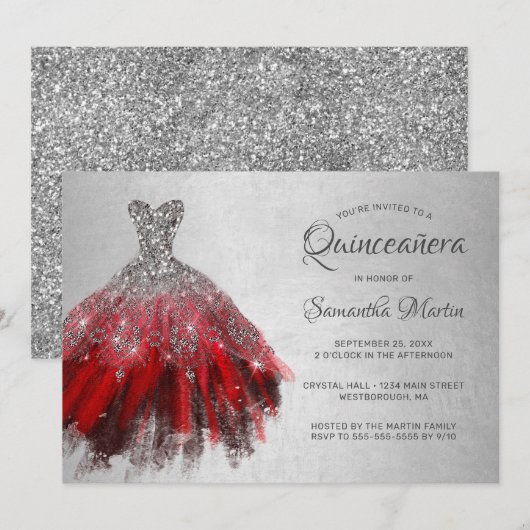 Quinceanera Chic Rood Zilveren Jurk Glitter Party Kaart (Voorkant / Achterkant)
