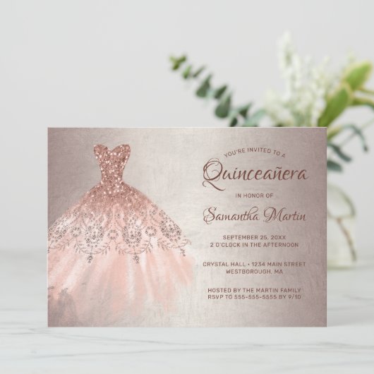 Quinceanera Chic Roos Gouden Glitter Dress Party Kaart (Staand voorkant)