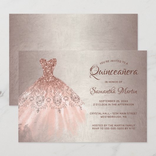 Quinceanera Chic Roos Gouden Glitter Dress Party Kaart (Voorkant / Achterkant)