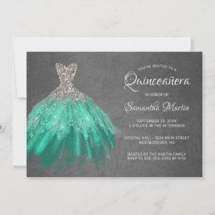 Quinceanera Chic Silver Aqua Dress op Grey Party Kaart