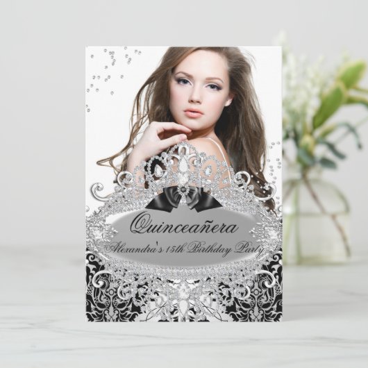 Quinceanera Chic Silver Damask Diamond Jewel Kaart (Staand voorkant)