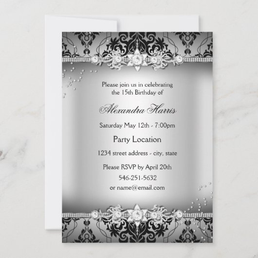 Quinceanera Chic Silver Damask Diamond Jewel Kaart (Achterkant)