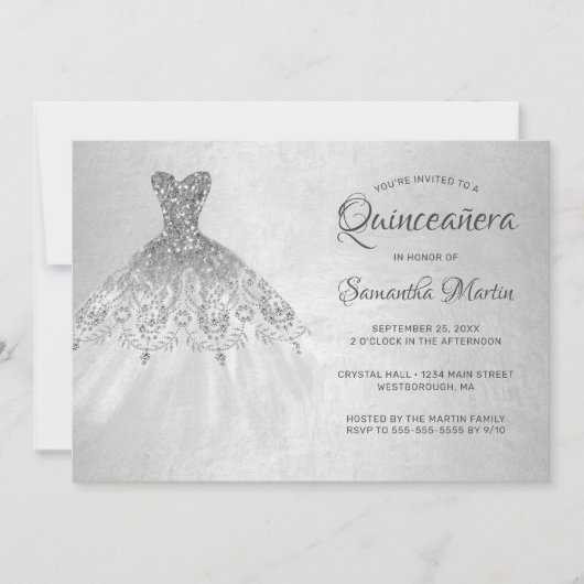 Quinceanera Chic Silver Dress over Silver Party Kaart (Voorkant)