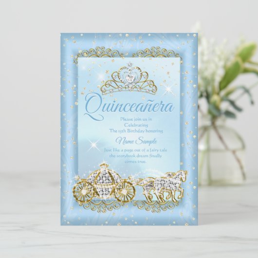 Quinceanera Cinderella Blue-sprookje Carriage Kaart (Staand voorkant)