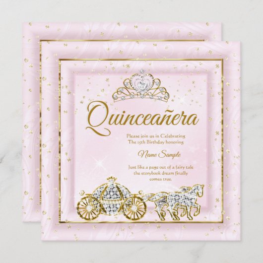 Quinceanera Cinderella Blush Pink Carriage 2 Kaart (Voorkant / Achterkant)
