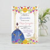 Quinceanera Colorful Flowers Gold Invitation Kaart (Staand voorkant)