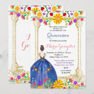 Quinceanera Colorful Flowers Gold Invitation Kaart