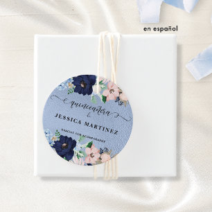 Quinceañera con Flores Azul y Rosa, Aluminio Azul Bedankjes Labels