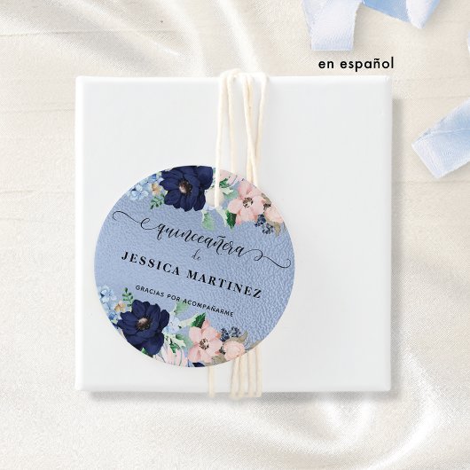 Quinceañera con Flores Azul y Rosa, Aluminio Azul Bedankjes Labels