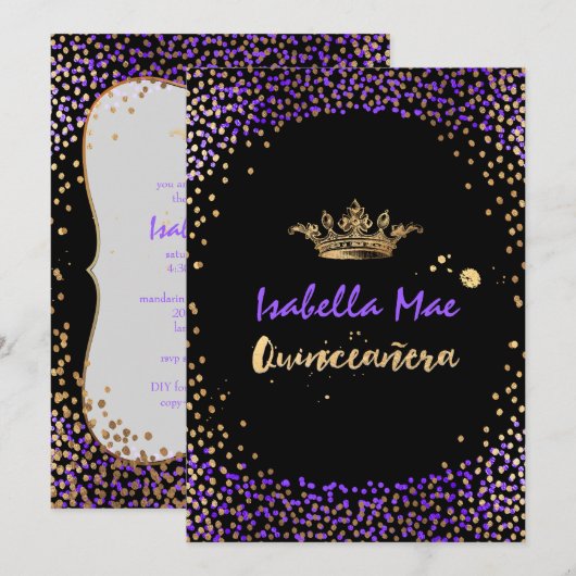 Quinceanera/Confetti/Neon Paars/Prinses/Kroon Kaart (Voorkant / Achterkant)