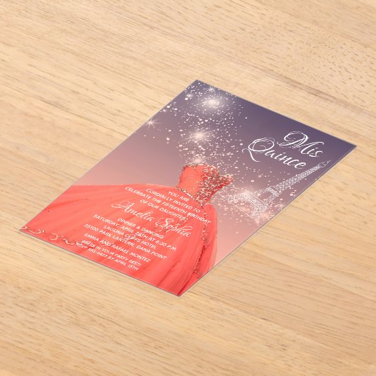 Quinceañera Coral Dress Eiffel Tower Acryl Uitnodigingen (Laagn)