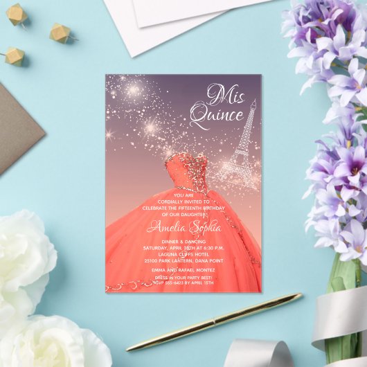 Quinceañera Coral Dress Eiffel Tower Acryl Uitnodigingen (Insitu (Huwelijk))
