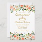 Quinceanera Coral Floral Gold Crown Kaart (Voorkant)